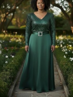 Emerald Green Sequin & Satin Evening Gown